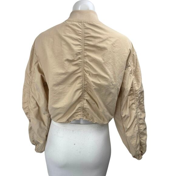 Madden NYC Women's Cream Full Zip Drawcord Long Sleeve Crop Bomber Coat Jacket S - Picture 2 of 4